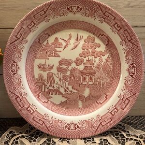 Pair of Churchill “Willow Rosa” England pink/res transfer-ware dinner plates